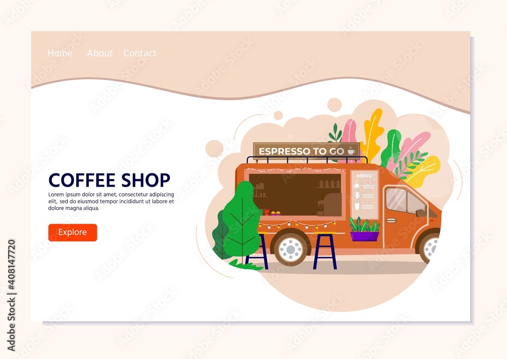 Obraz premium Street Food Festival concept for landing page, takeaway coffee in truck, vehicle. Mobile coffee shop, cafe on wheels in city park, vector concept banner