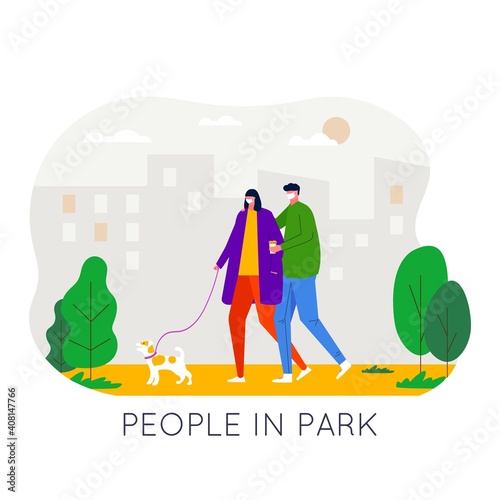 Man and women wearing protection medical face mask to protect and prevent virus, disease, flu, air pollution. People walking in the park, playing with dog. Vector flat trendy concept