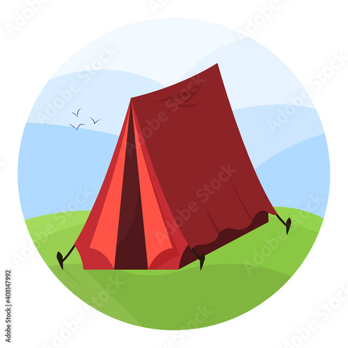 Landscape with red tent on the camping place. Hiking trip, recreation at the fresh air. Tourist equipment.