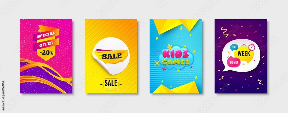 Kids games, Special offer and Sale tag promo label set. Sticker template layout. One week sign. Playing area, Label tag, Discount offer. Promotional tag set. Speech bubble banner. Vector