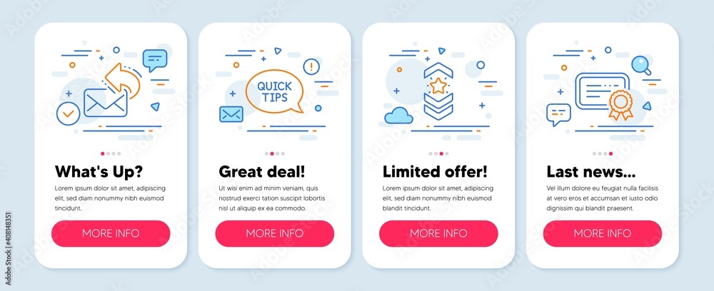 Set of Education icons, such as Shoulder strap, Share mail, Quickstart guide symbols. Mobile screen app banners. Certificate line icons. Star rank, New e-mail, Helpful tricks. Vector