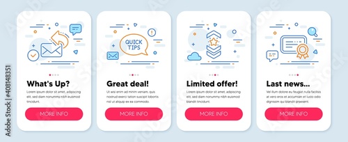 Set of Education icons, such as Shoulder strap, Share mail, Quickstart guide symbols. Mobile screen app banners. Certificate line icons. Star rank, New e-mail, Helpful tricks. Vector
