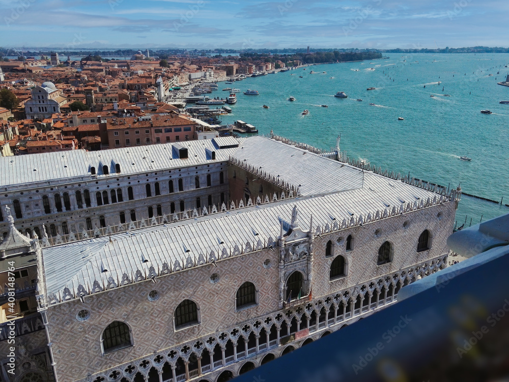 Venice, Italy - September 02, 2018: Wide angle aerial drone shot of Venezia city against mediterranean sea and clear blue sky