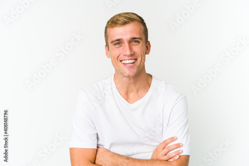 Young caucasian handsome man laughing and having fun.