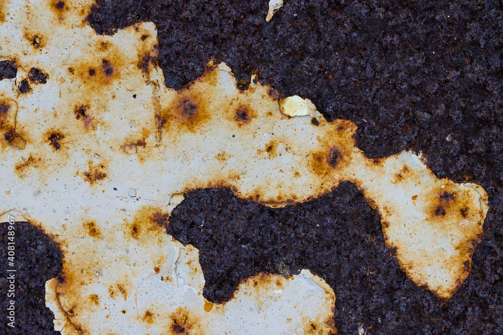 Fototapeta premium Texture of rusty metal with peeling paint. Rough metal surface with rust. Corroded and oxidized old iron. Rusted and aged metal sheet. Great for background and design in grunge style. High resolution.