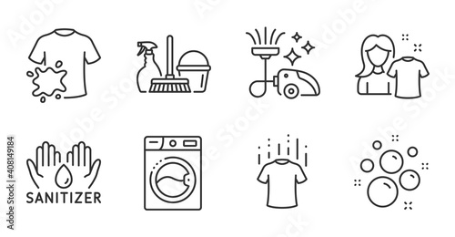 Hand sanitizer, Dry t-shirt and Vacuum cleaner line icons set. Household service, Clean shirt and Clean bubbles signs. Washing machine, Dirty t-shirt symbols. Quality line icons. Vector