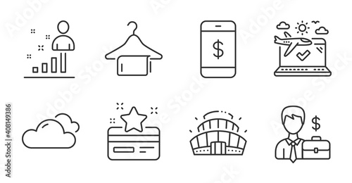 Loyalty card, Airplane travel and Clean towel line icons set. Cloudy weather, Stats and Smartphone payment signs. Businessman case, Arena stadium symbols. Quality line icons. Vector