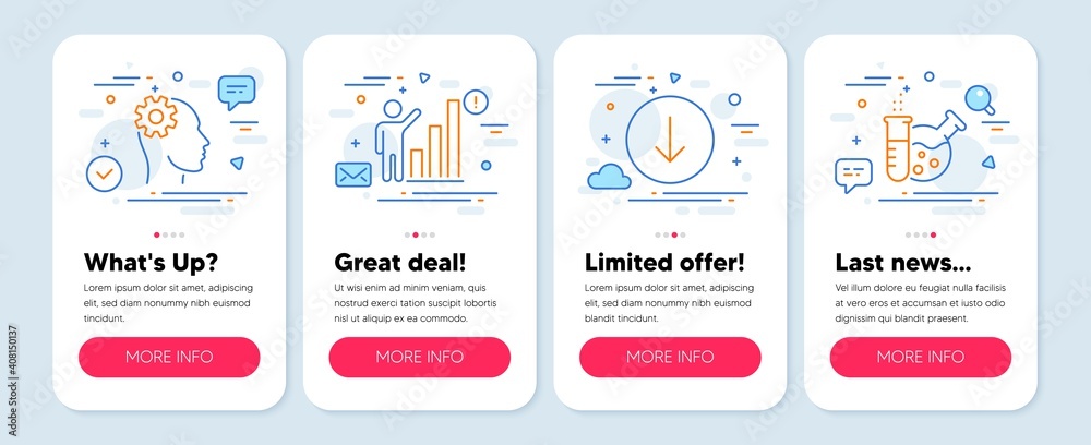 Set of Technology icons, such as Graph chart, Scroll down, Engineering symbols. Mobile app mockup banners. Chemistry lab line icons. Growth report, Swipe arrow, Cogwheel head. Laboratory. Vector