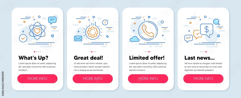 Set of Business icons, such as Call center, Atom, Gear symbols. Mobile screen banners. Payment received line icons. Phone support, Electron, Work process. Money. Call center icons. Vector