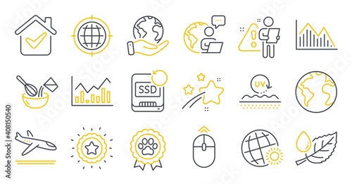 Set of Business icons, such as World planet, Save planet, Uv protection symbols. Swipe up, Arrivals plane, Winner star signs. Dog competition, World weather, Cooking whisk. Recovery ssd. Vector © blankstock