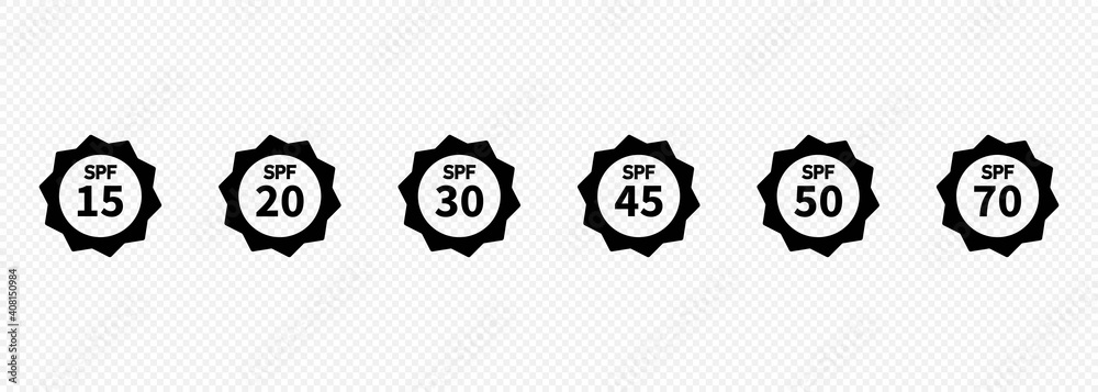 Set of simple flat SPF sun protection icons for sunscreen packaging. UV protection for skin. Icons for sunscreen products or other skin cosmetics. Vector on isolated transparent background. EPS 10 Set of simple flat SPF sun protection icons for sunscreen packaging. UV protection for skin. Icons for sunscreen products or other skin cosmetics. Vector on isolated transparent background. EPS 10