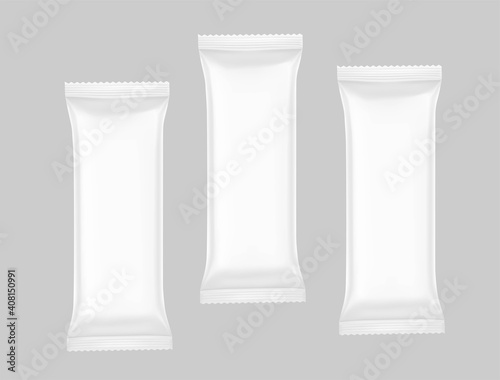 Hight realistic flow packaging mockups. Vector illustration. Can be use for your design, promo, adv and etc. Possibility for food, pharmaceutical, cosmetic. EPS10.	