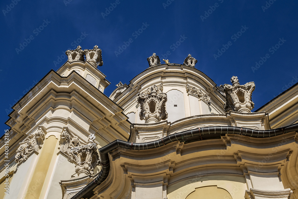 Architectural fragments of Lviv Greek Catholic Archbishop's Cathedral of Saint George (Ukr: Sobor sviatoho Yura, 1760) - magnificent Rococo ensemble dating back to XVIII century. Lviv, Ukraine.