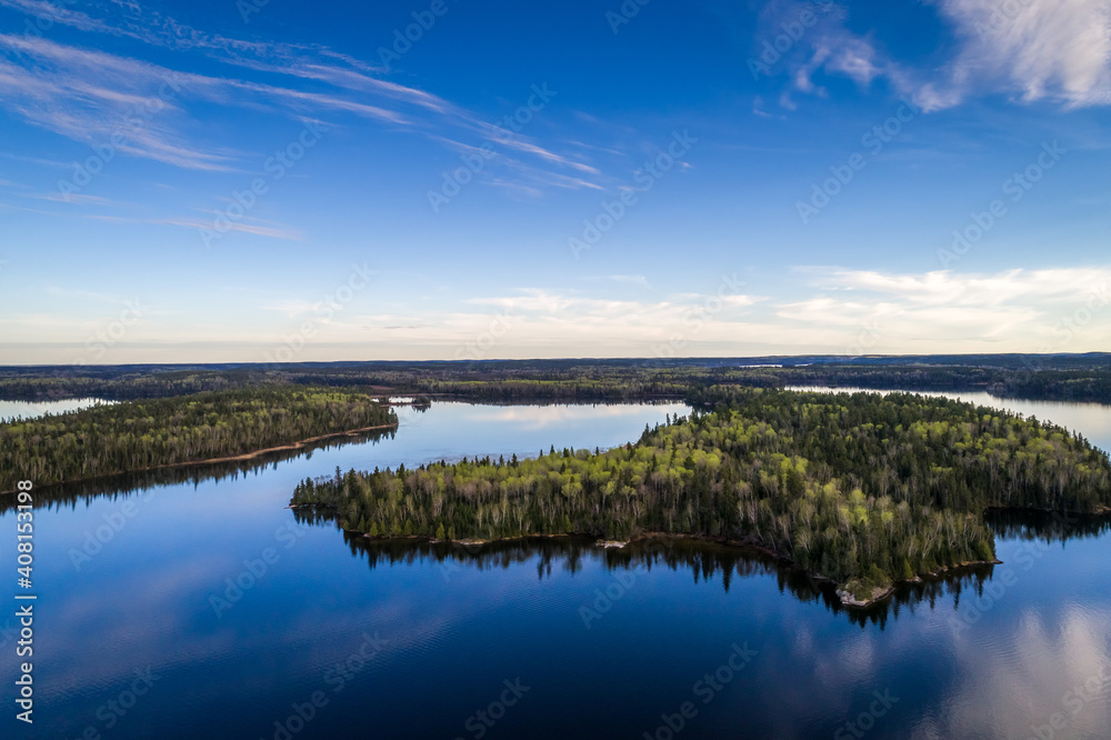 An aerial view looking towards Jackfish Bay and surrounding islands on Eagle Lake, Northwest Ontario, Canada.