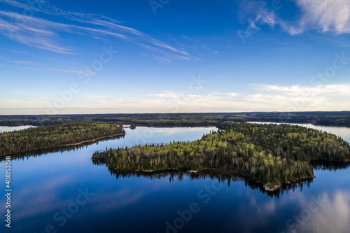 An aerial view looking towards Jackfish Bay and surrounding islands on Eagle Lake, Northwest Ontario, Canada.