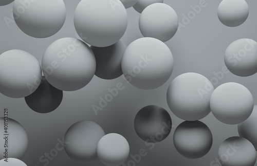 Abstract background of white balls, opposite to a bright surface. 3D render