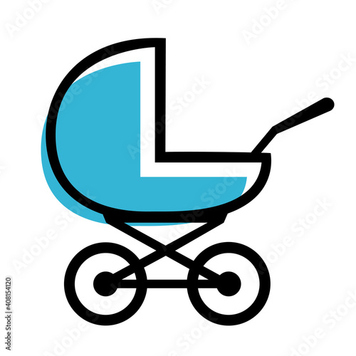 Baby carriage icon on white background. A symbol of the birth of a child, maternal care and love. Vector isolated illustration.