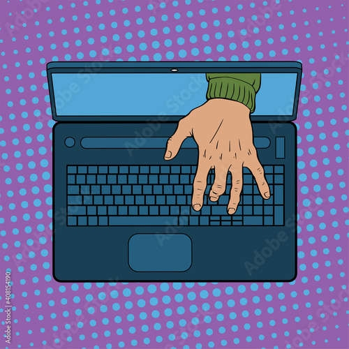 A hacker breaks into a computer. Male hand types on the laptop keyboard. Vector isolated illustration pop art.
