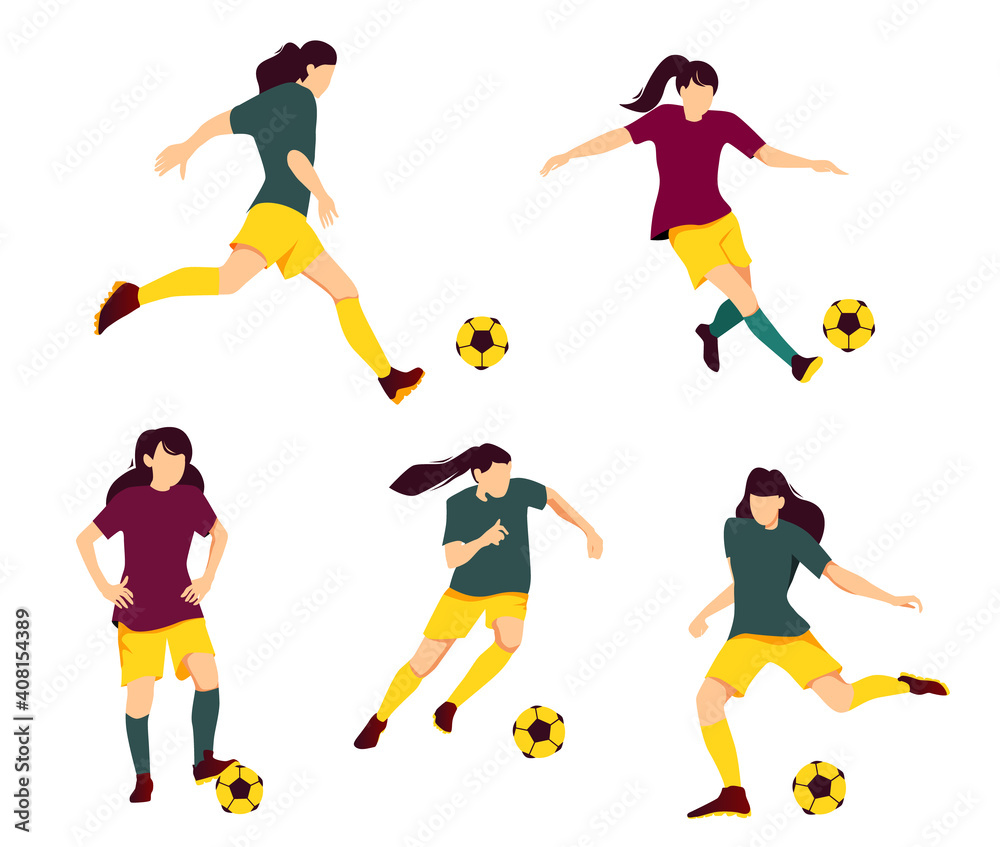 Set of girls playing football, kicking the ball. Flat vector illustration of girl team playing soccer or football isolated on a white background.