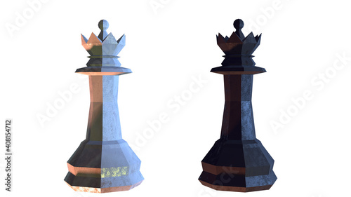 Grunge Textured Low Poly Chess Pieces. The Queens on Isolated White Background. 3D Render Image