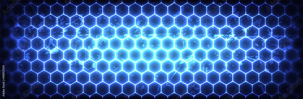 Hexagon grid background. Honeycomb pattern. Blue technology backdrop. Futuristic vector illustration