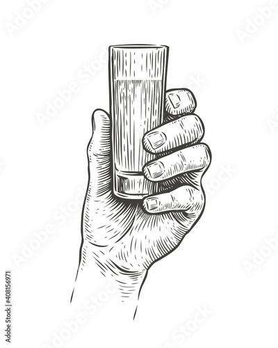 Hand holding a shot of alcohol drink. Vintage sketch vector illustration