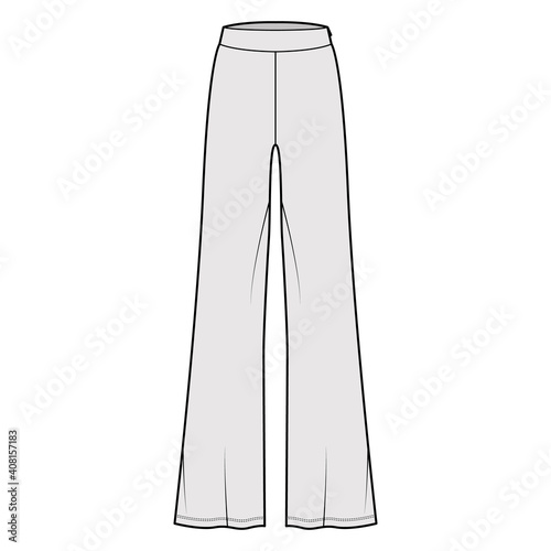 Pants boot cut technical fashion illustration with floor length, oversize silhouette, side zipper. Flat sport pyjama bottom template front, grey color style. Women, men, unisex CAD mockup