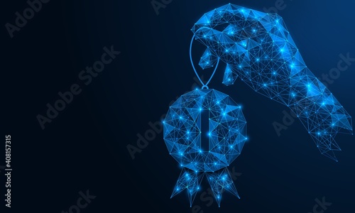 A medal with the first place in your hand. Polygonal construction of concatenated lines and points. Blue background.