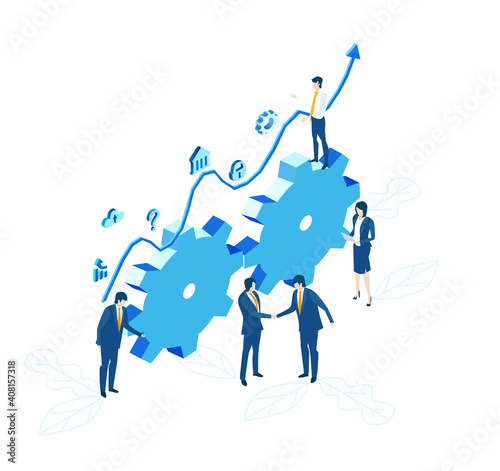 Isometric 3D business environment with business people hand shaking as symbol of agreement. Dig data concept, Technology, success, internet, data protection and personal security 
