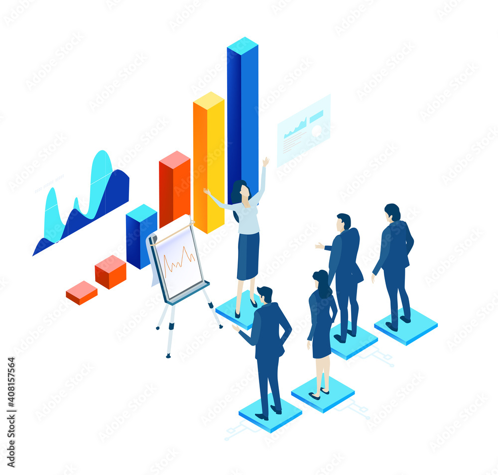 Isometric 3D business environment with business people working around growth charts and bars. Finance, economy, banking, success, personal security concept infographic illustration. Isometric 3D business environment with business people working around growth charts and bars. Finance, economy, banking, success, personal security concept infographic illustration.