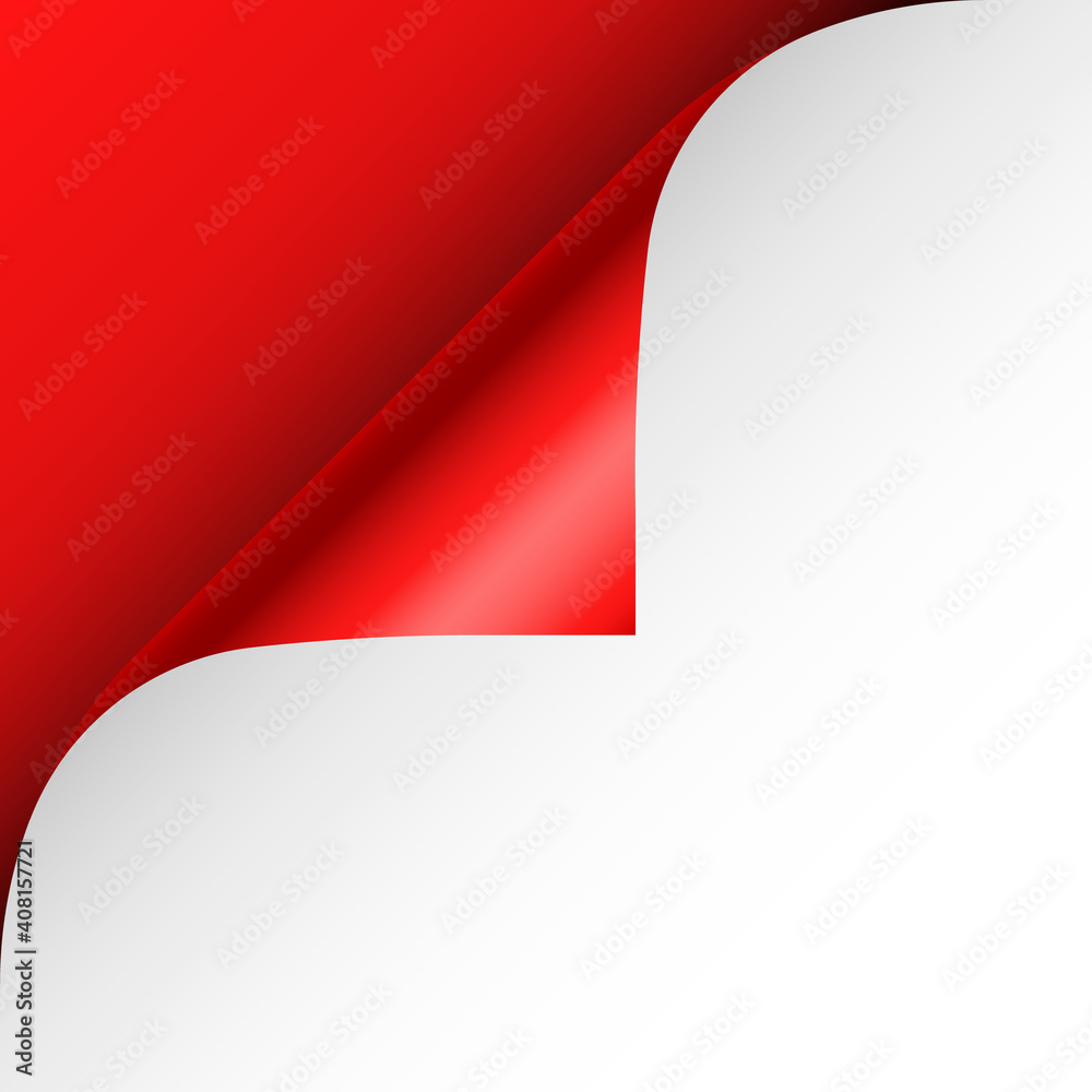 Red paper curl. Curled page corner with shadow. Blank sheet of paper. Colorful shiny foil. Design element for advertising and promotion. Vector illustration.