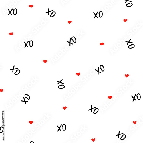 Hand drawn vector seamless pattern with XOXO on red background. Hipster symbols of hugs and kisses. Good for cards, wallpaper, posters, wrapping paper, Valentine's invitations