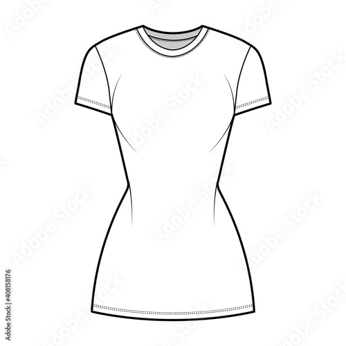 T-shirt dress technical fashion illustration with crew neck, short sleeves, mini length, slim fit, Pencil fullness. Flat apparel template front, white color. Women, men, unisex CAD mockup