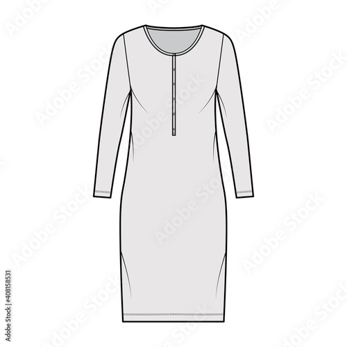 Shirt dress technical fashion illustration with henley neck, long sleeves, knee length, oversized, Pencil fullness. Flat apparel template front, grey color. Women, men, unisex CAD mockup