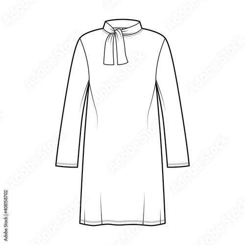 Tunic sweater technical fashion illustration with tie stand-away collar, long sleeves, oversized, knee length. Flat modest shirt apparel top template front, white color. Women men unisex CAD mockup
