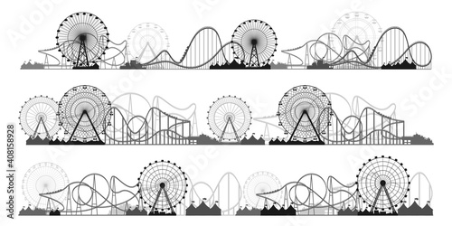 Ferris wheel. Funfair carnival background. Circus park. Roller coaster. Vector illustration.