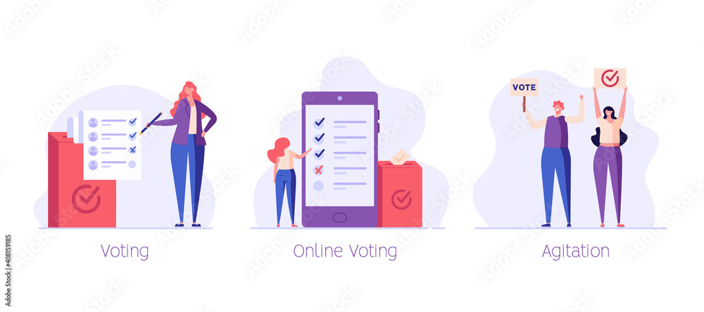 Online Voting and Election Campaign. People Voting with Vote Box and Calling for Vote. Concept of Election Day, Making Choice, Balloting Paper, Democracy. Vector illustration for Background Online Voting and Election Campaign. People Voting with Vote Box and Calling for Vote. Concept of Election Day, Making Choice, Balloting Paper, Democracy. Vector illustration for Background