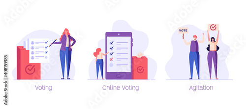 Online Voting and Election Campaign. People Voting with Vote Box and Calling for Vote. Concept of Election Day, Making Choice, Balloting Paper, Democracy. Vector illustration for Background