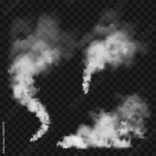 Realistic smoke clouds. Stream of smoke from burning objects. Transparent fog effect. White steam, mist. Vector design element.