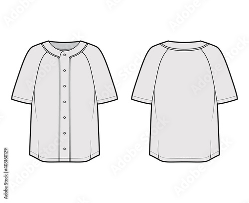Photography Shirt baseball button front technical fashion illustration with raglan short sleeves, button up, oversized