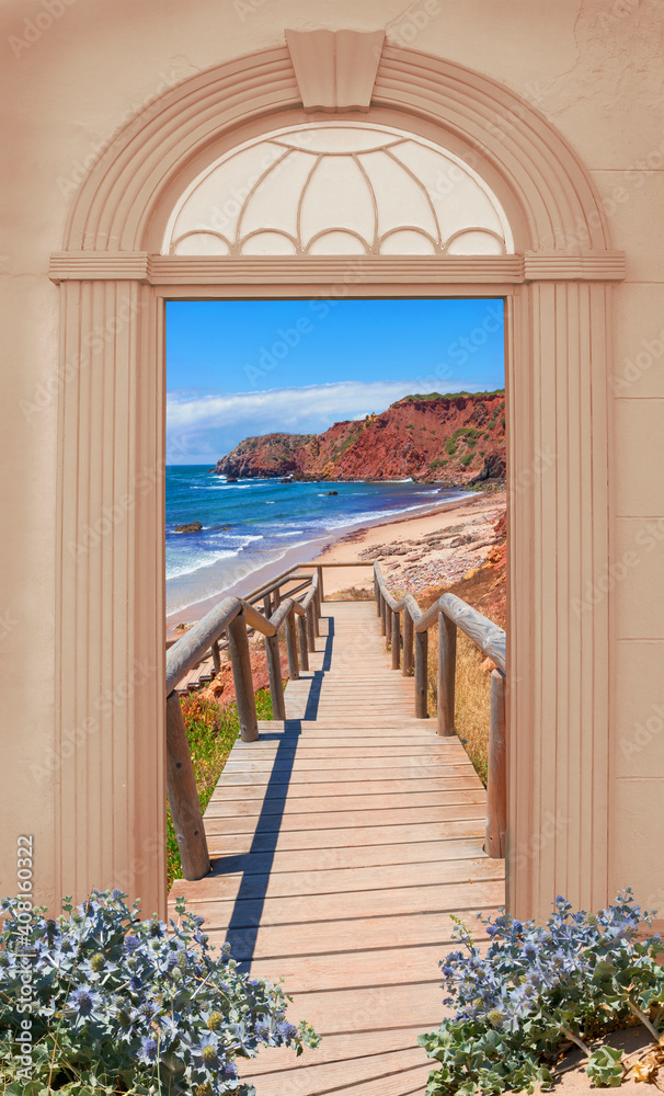 Fototapeta premium view through arched door, boardwalk to the beach, Portugal Algarve