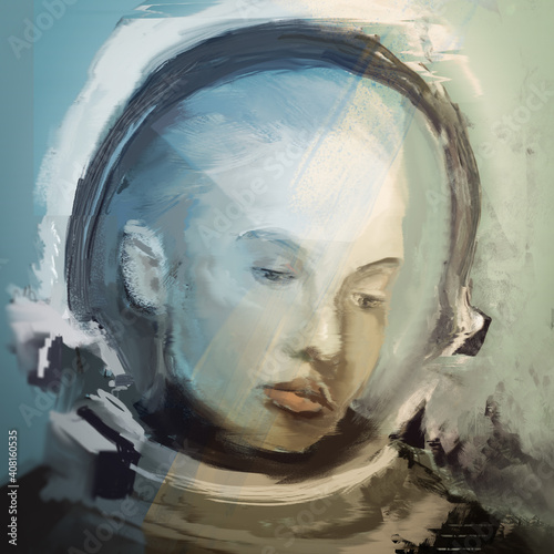 Conceptual close up portrait of beautiful romantic young cosmonaut girl wearing white helmet and and looking at the sky.
