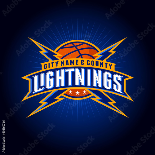 "Lightnings" basketball team logo. Basketball ball with letters, rays, flashes and stars. Emblem for sport team, equipment, clothes, sport club.