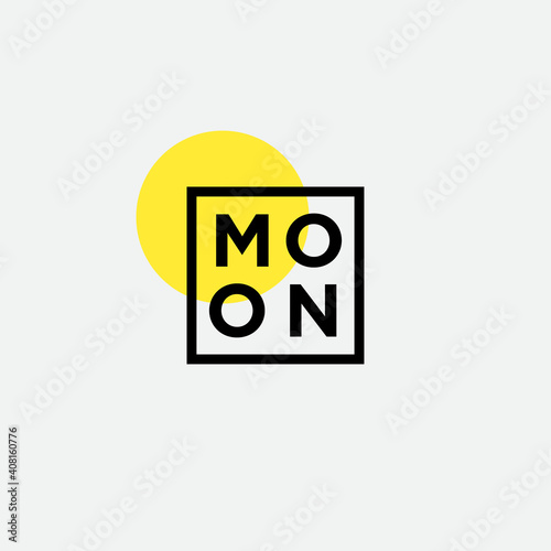 Moon logo. Letters into square frame and yellow circle as moon. Logo for business, beauty, spa and resort, cosmetics, clothes, premium goods.