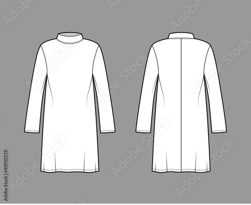 Tunic sweater technical fashion illustration with stand-away collar, long sleeves, oversized, knee length. Flat modest shirt apparel top template front, back, white color. Women men unisex CAD mockup
