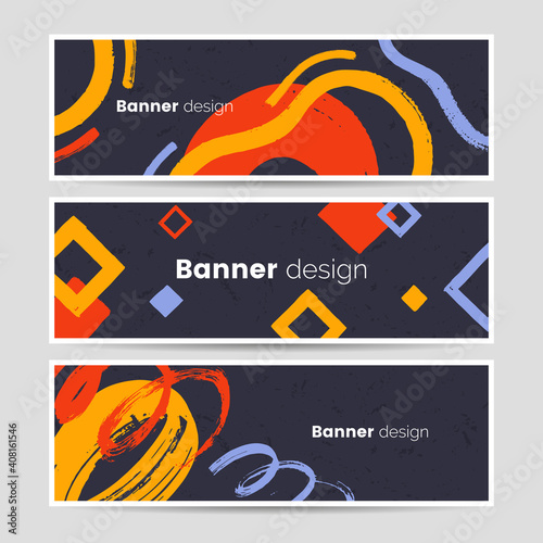 Abstract colorful banner set in hand painted style. Horizontal header with geometric shapes, brush strokes. Art background collection. Ideal for flyer, web design, coupon, invitation. Vector eps 10.