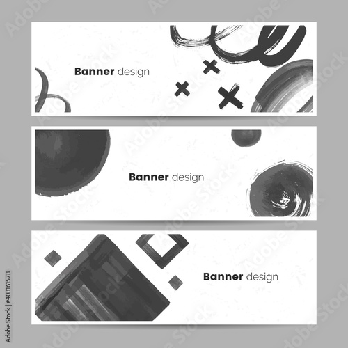 Abstract black and white banner collection in artistic style. Black paint stains and shapes on white backdrop. Creative hand painted flyer design. Horizontal web header concept. Vector illustration.