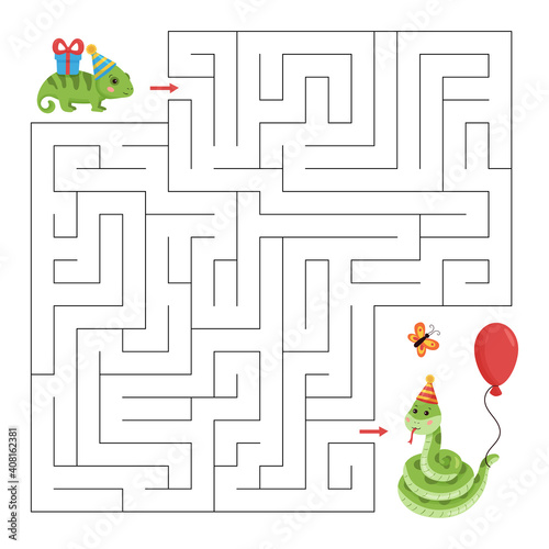 Educational maze game with chameleon and snake. Birthday theme. Tropical animals with gifts, birthday hats and balloons. Cute cartoon vector characters.
