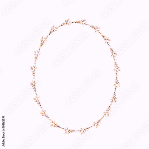 Oval wreath of willow. Willow wreath.Easter wreath made of willow stalks.Vector flat illustration. Design for invitations, postcards, printing