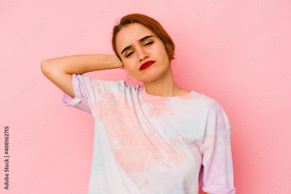 Obraz premium Young arab mixed race woman having a neck pain due to stress, massaging and touching it with hand.